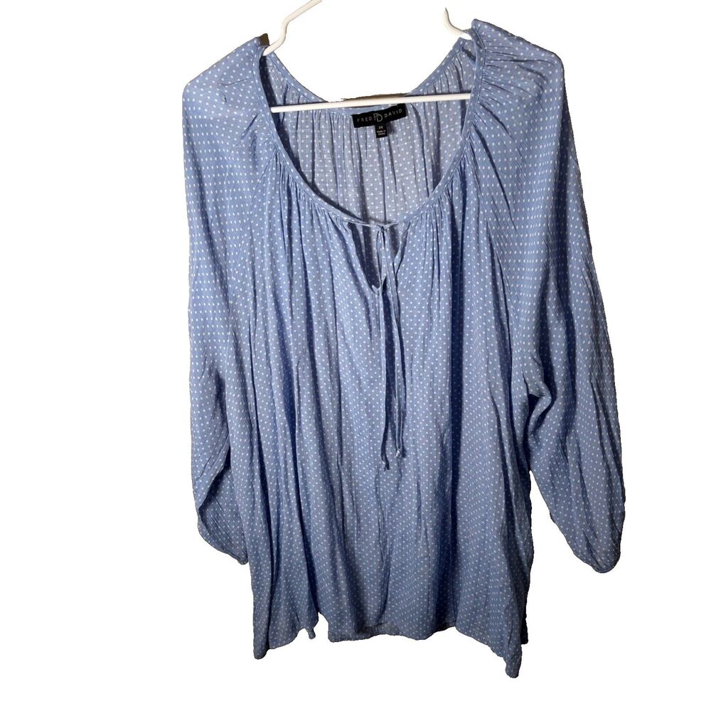Fred David Blouse Women's 3X Blue Lightweight Polka Dot 3/4 Sleeve Keyhole Top